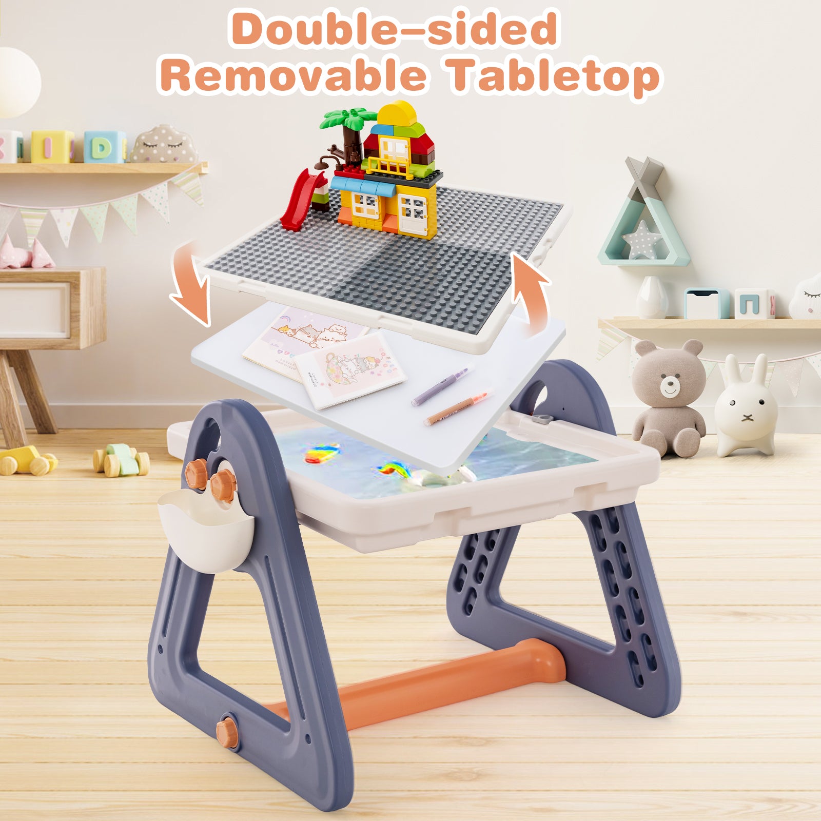 2-in-1 Kids Art Table & Easel with Rotatable & Removable Desktop